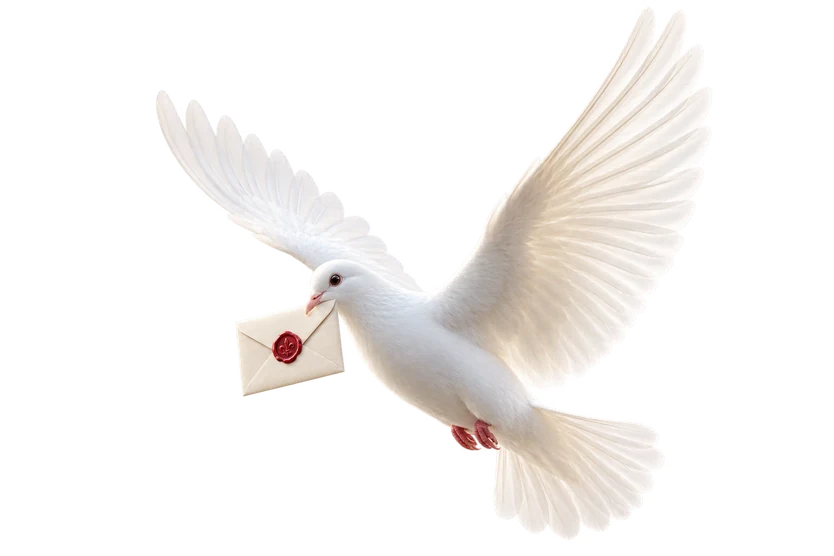 A white messenger dove carrying a sealed digital love letter