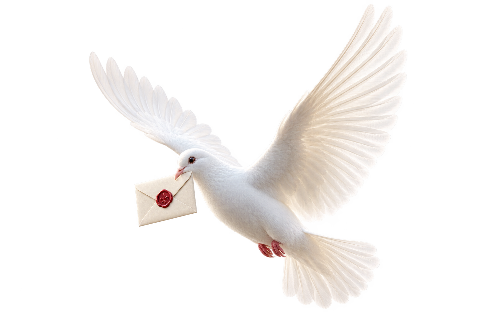 A white messenger dove carrying a sealed digital love letter